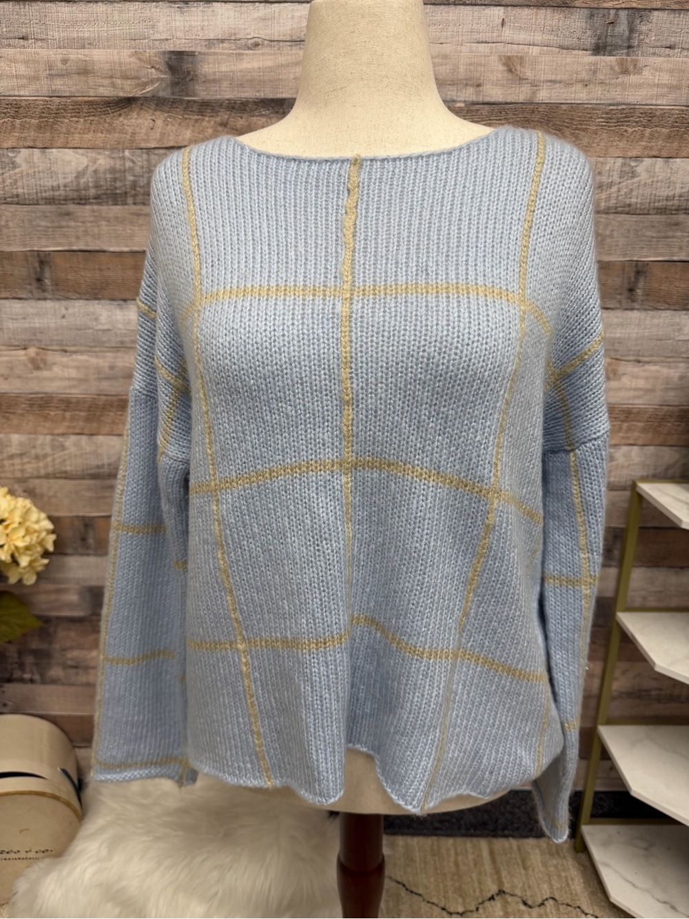 Wooden Ships blue with Tan Squares Sweater